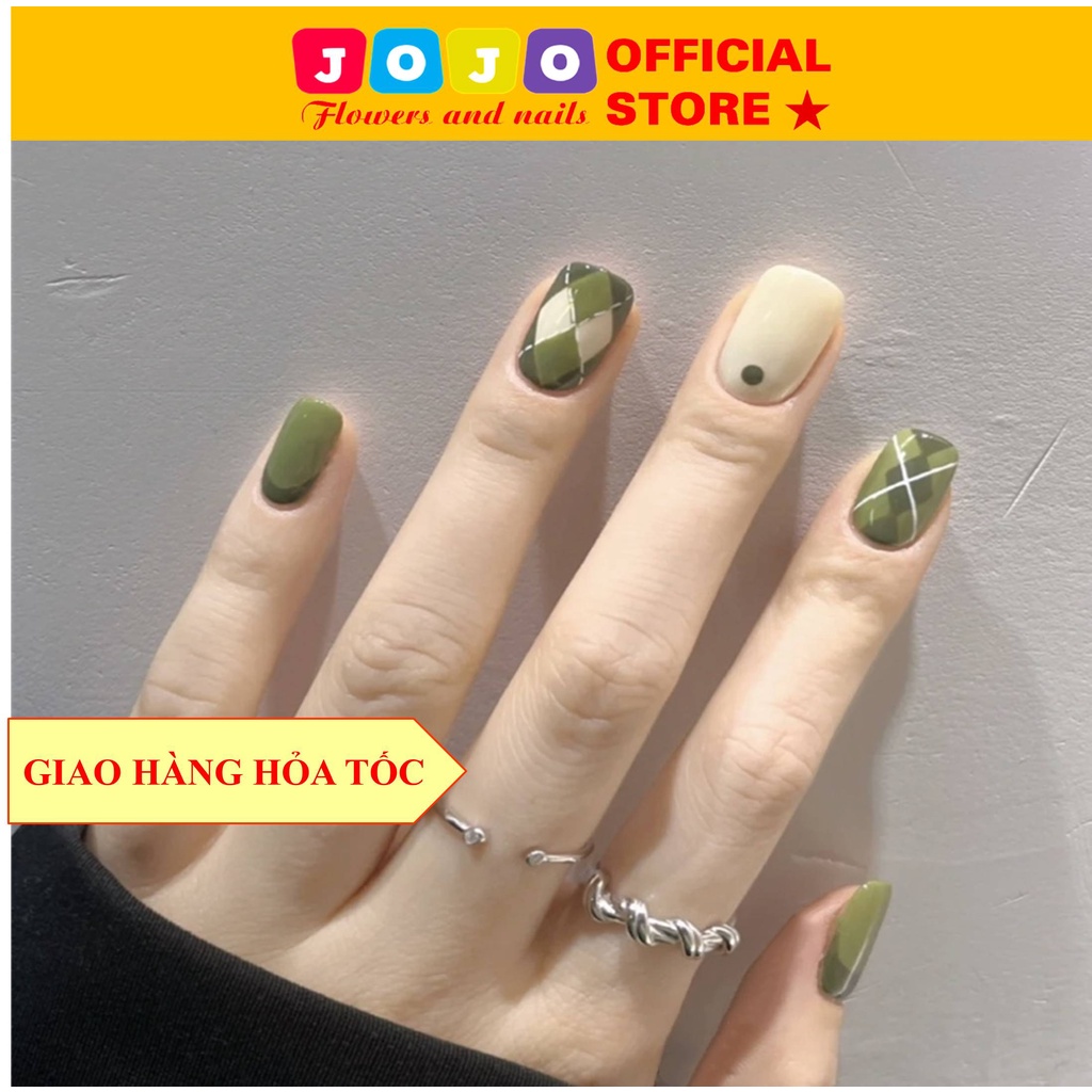 Set 24 móng tay giả sơn trơn họa tiết kẻ ovan thời trang Jojo PD186 móng giả có keo dán với nhiều kiểu dáng độc đáo