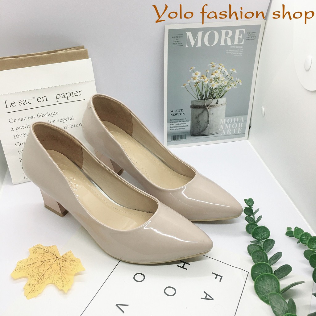 Giày cao gót nữ da bóng đế vuông 7cm dáng basic hàng VNXK da mềm êm chân -HC01