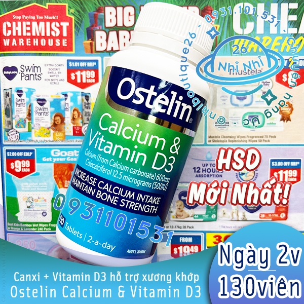 Canxi Ostelin Calcium & Vitamin D3 - 130 viên - Chuẩn Chemist Warehouse - Úc