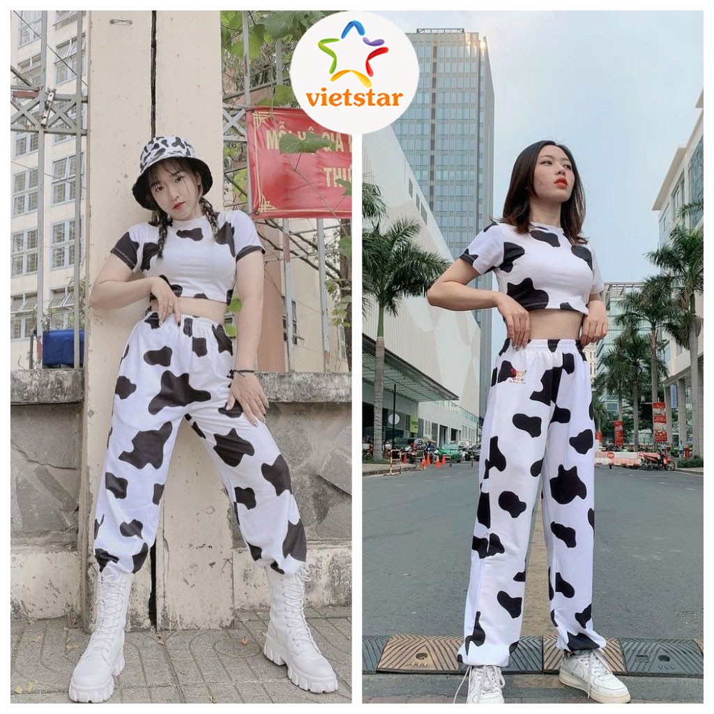 Bộ quần áo bò sữa VIETSTAR set áo croptop bò sữa và quần jogger cá tính thể thao đi chơi