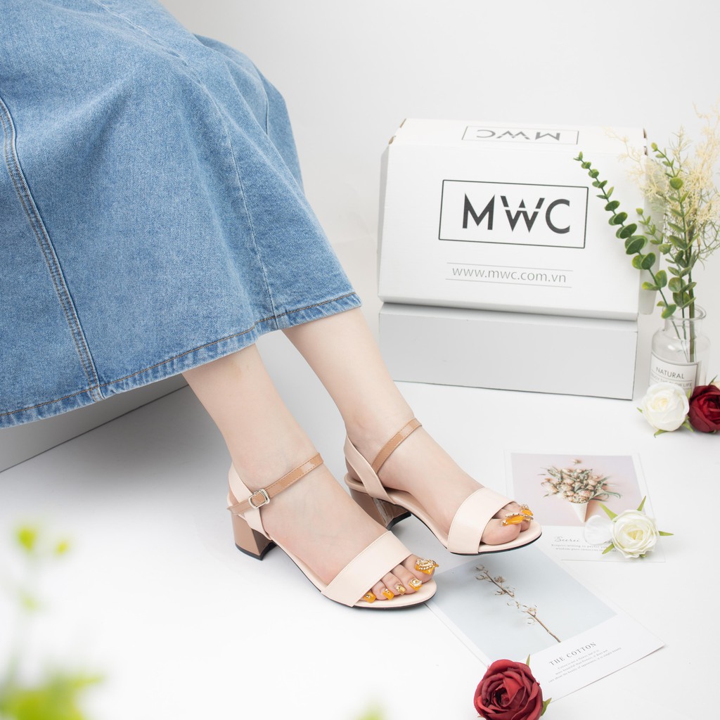 Giày Sandal Cao Gót MWC Đế Vuông 5CM Hở Mũi Quai Ngang Màu Xanh Nâu Sang Trọng NUCG-3920