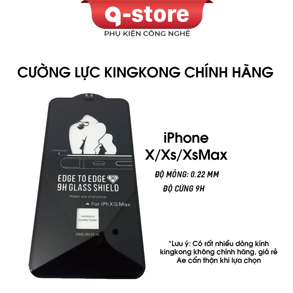 Cường lực iPhone Xs Max Qstore Kính cường lực Kingkong iPhone X, Xs Full viền, độ cứng 9H, Tặng kèm phụ kiện dán kính