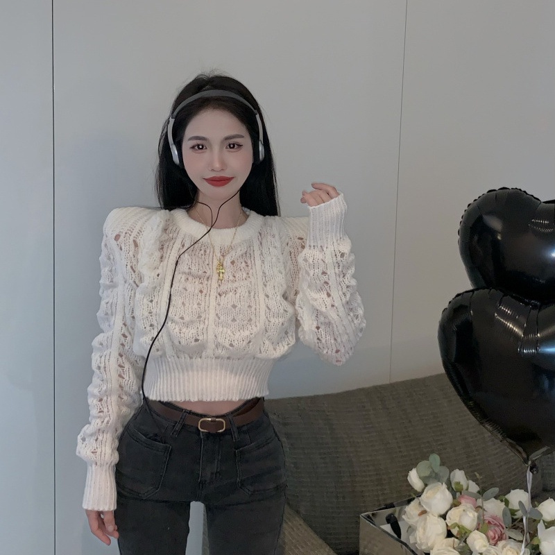 IELGY    Áo sweater Tay Dài Dáng Rộng Màu Trắng Thời Trang Cho Nữ