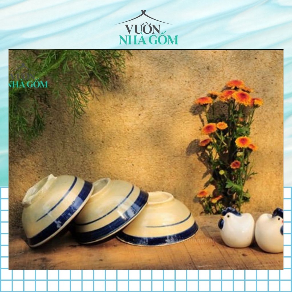 Set 10 Tô cơm lỡ viền xanh, Chén bát lái thiêu xưa- Vườn Nhà Gốm, Tô cơm viền xanh.