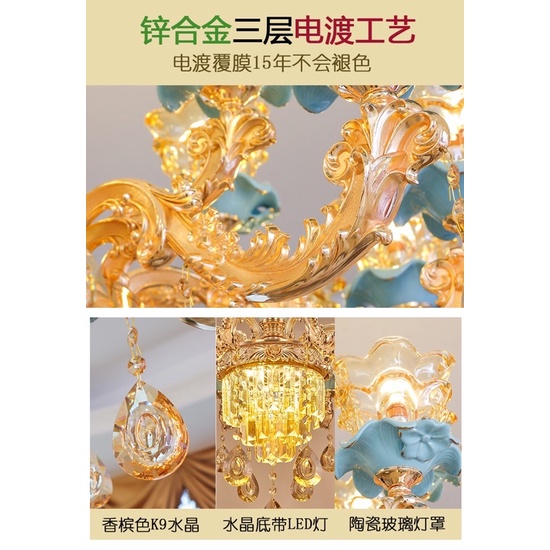 Đèn chùm 15 Tay Xanh Pha Lê Tặng Kèm Bóng led có bảo hành chính hãng