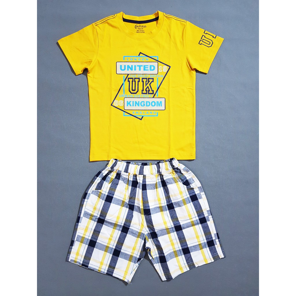 Bộ áo thun cotton in UK quần caro bé trai size đại