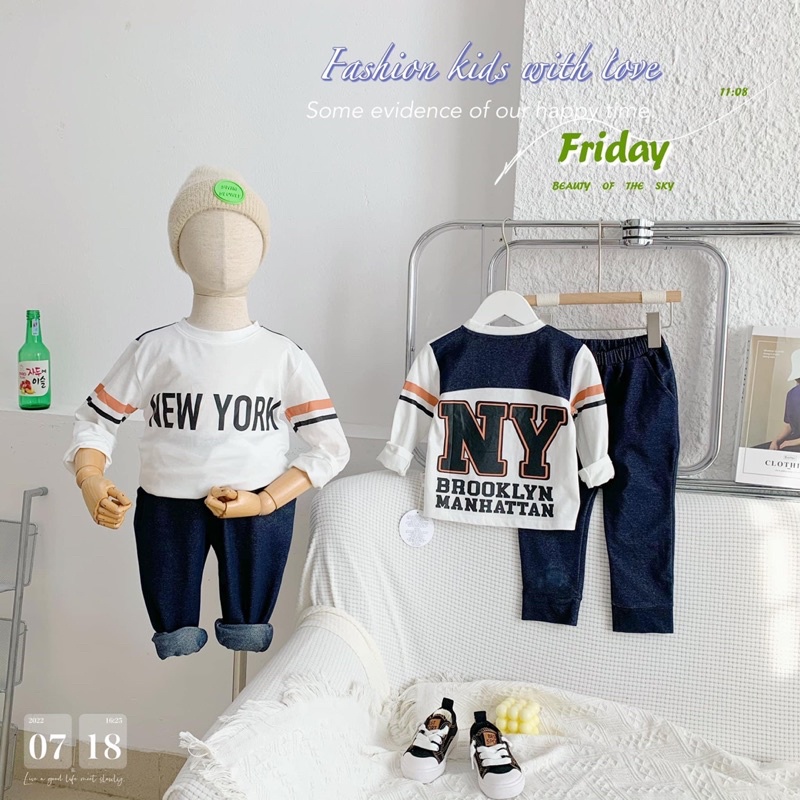 Bộ thể thao NY quần giả jean bé trai