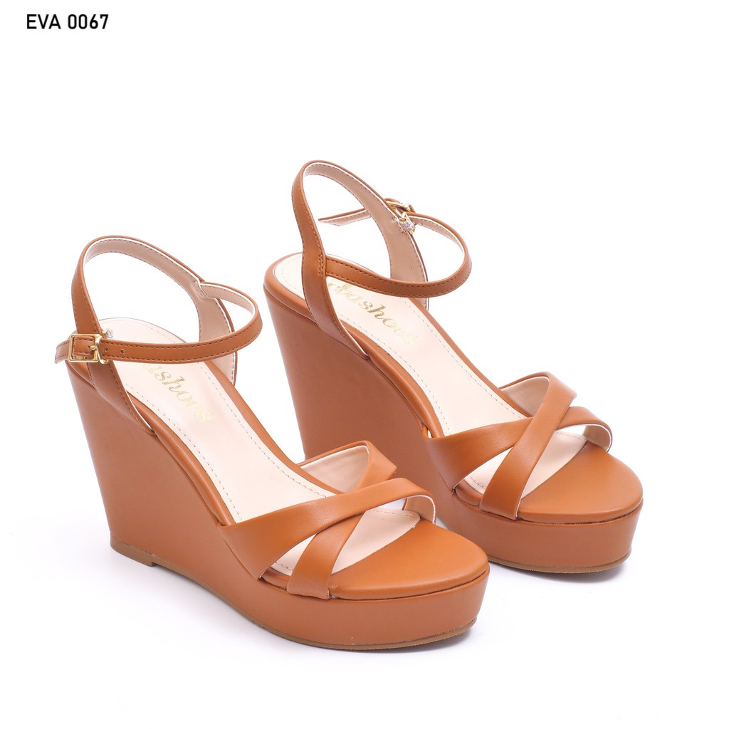 Sandal Đế Xuồng Quai Chéo Mũi Tròn Da PU 9cm Evashoes - EVA0067