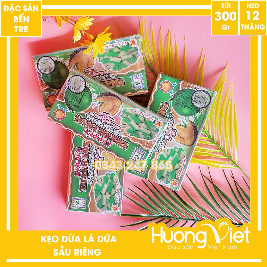 Kẹo dừa lá dứa sầu riêng Thanh Long 300g, kẹo dừa Bến Tre gia truyền