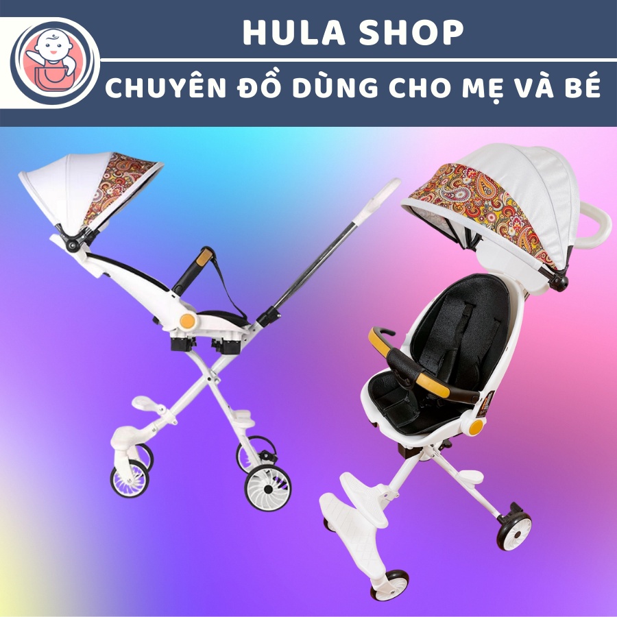 [XẢ KHO - HÀNG MỚI] Xe đẩy gấp gọn 2 chiều có mái che kèm đệm ngồi M8 hoạ tiết hoa lá