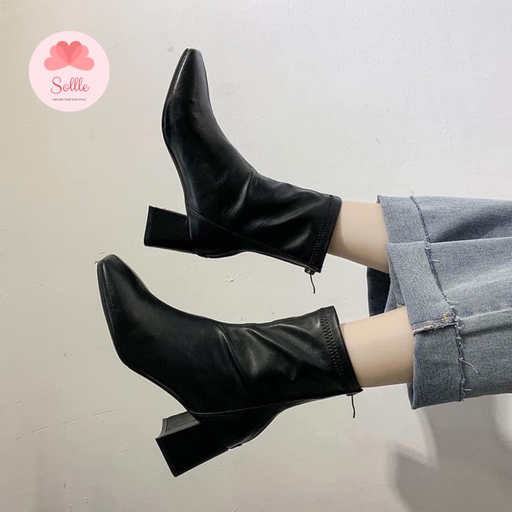 Giày bốt nữ da lì mềm cao gót boot cổ ngắn lót lông ấm siêu êm giá rẻ 5 phân Sollle BD02