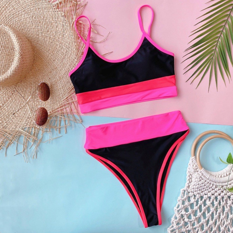 [BKN819] &lt;ÂU&gt; SET BIKINI CẠP CAO ĐEN MIX MÀU HỒNG/BEO (CẠP CAO)