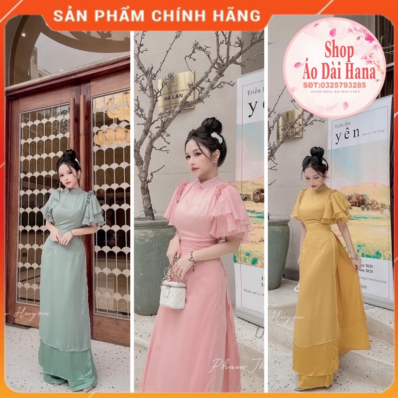 Áo dài tơ tay cánh tiên vai xếp ly điệu( hồng, xanh, vàng, đỏ), áo dài tơ mềm mịn tay phối tay cánh tiên cổ hai phân