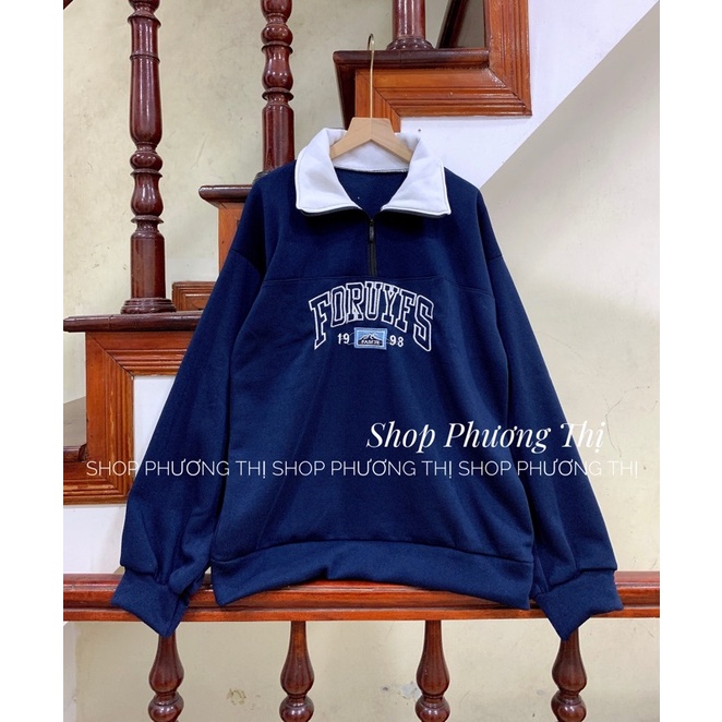 Sweater cổ bẻ màu xanh than dáng rộng - hoodie Hàn Quốc (hàng sẵn) | BigBuy360 - bigbuy360.vn