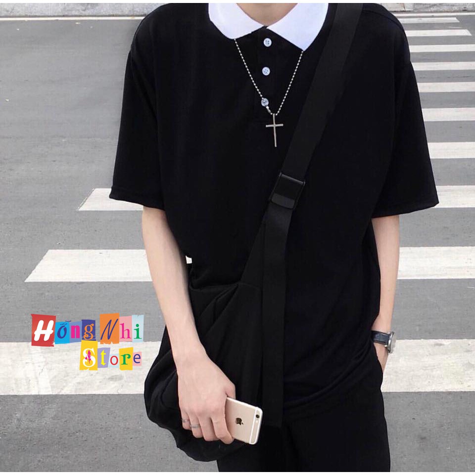 ÁO THUN POLO PHỐI CỔ TAY LỠ MÀU ĐEN - ÁO POLO MIX UNISEX BLACK - MM