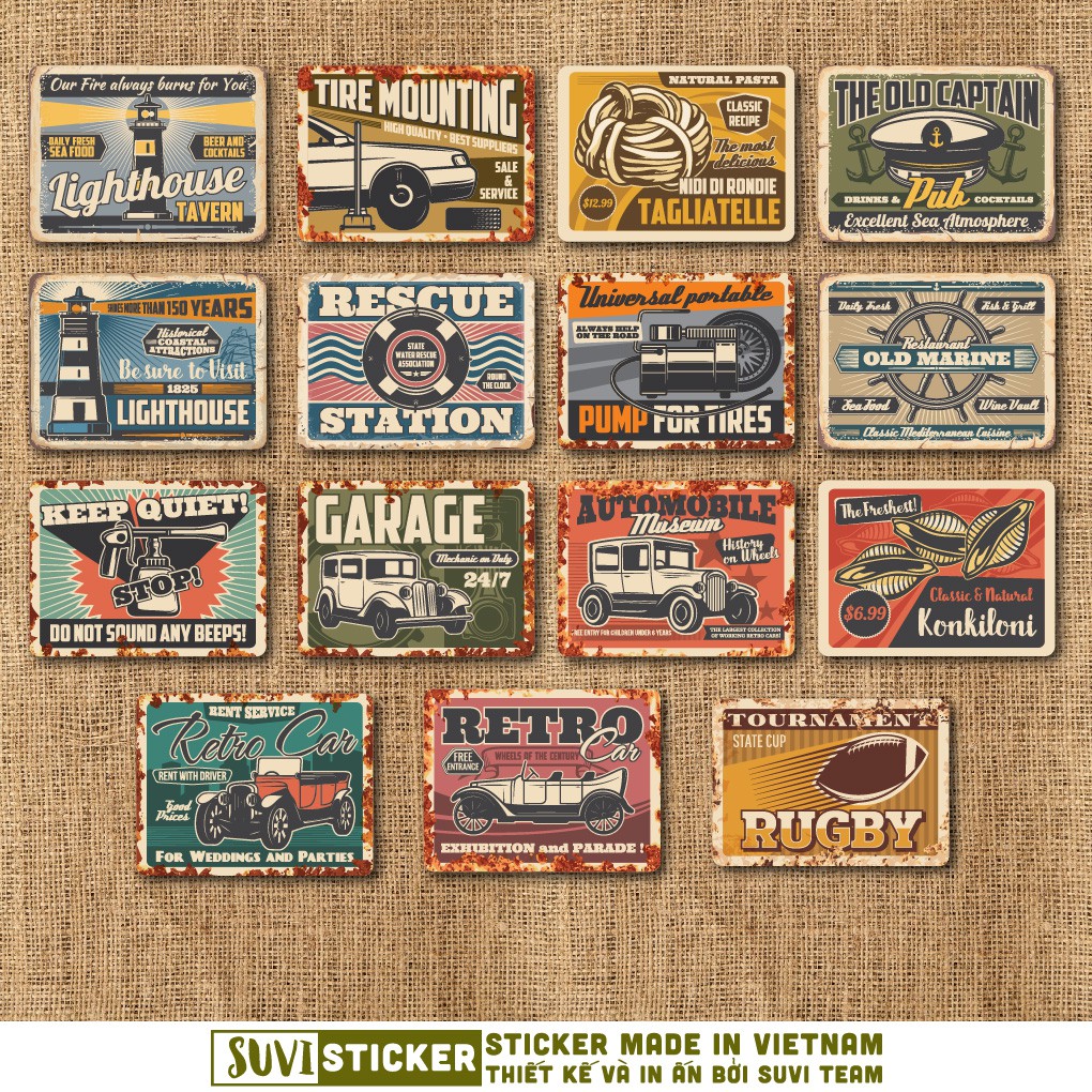 50 Sticker Vintage Metal chống nước sticker dán laptop, điện thoại, đàn guitar, mũ bảo hiểm, vali. MSP: VR18