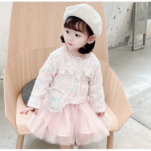 Váy thu đông bé gái kèm áo khoác dạ xinh xắn và tặng túi đeo siêu cute size 10-18kg [SV12]