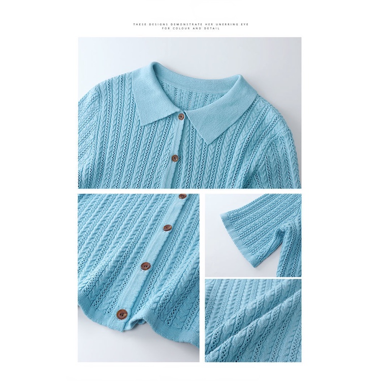 Áo sweater Dệt Kim Mỏng Cổ polo Đục Lỗ Kiểu retro Hàn Quốc Đơn Giản Thời Trang