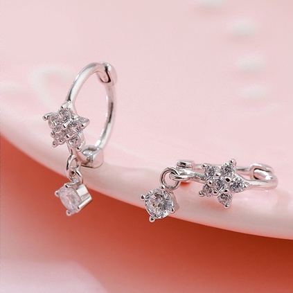 Khuyên tai bạc tròn gắn đá hình hoa, Hoa tai Bạc bạc tròn đính đá, Bông tai bạc nữ đá xinh TUNA SILVER CAM KẾT CHUẨN BẠC