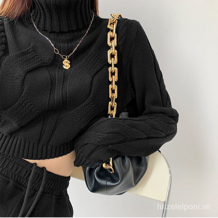 Áo len croptop tay dài cổ cao dáng rộng thời trang mùa thu mới cho nữ