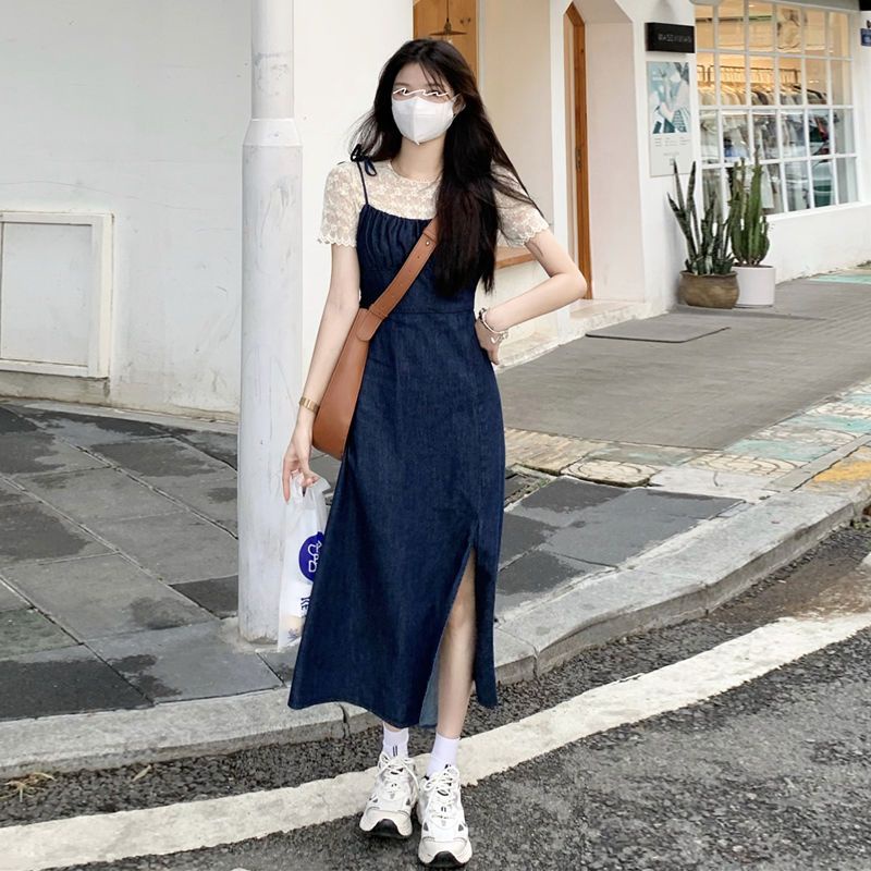 Váy yếm jean, bò dáng chữ A dài phong cách Hàn taobao order