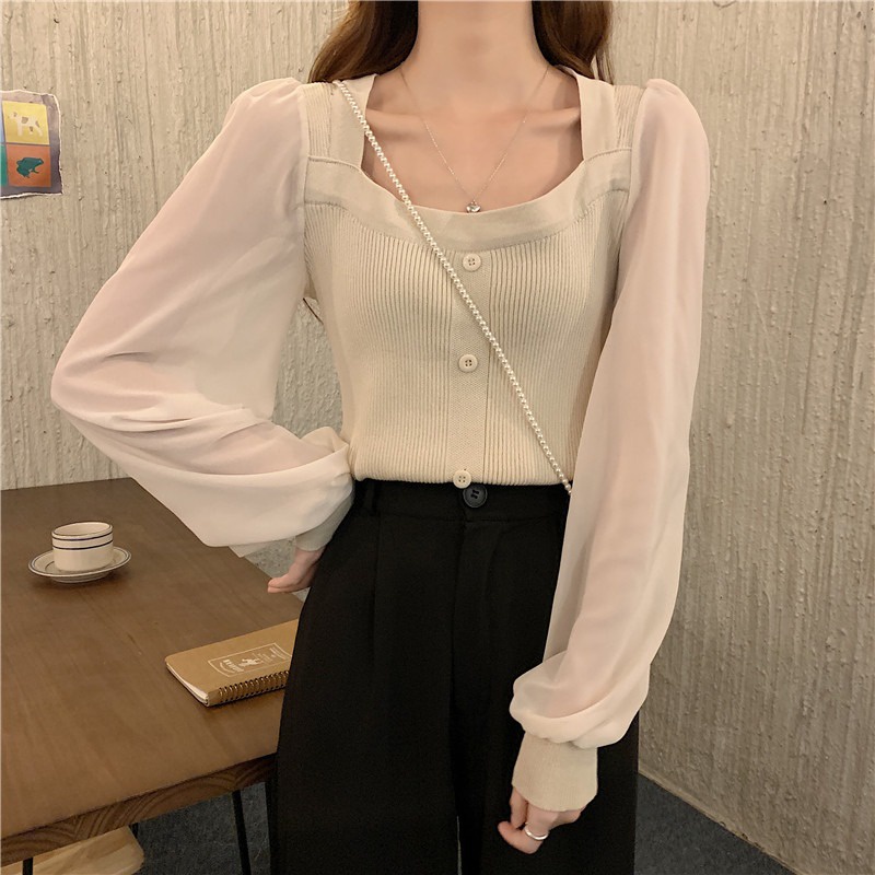 Áo dệt kim SUXI tay dài cổ vuông thiết kế thời trang theo phong cách hàn quốc cho nữ