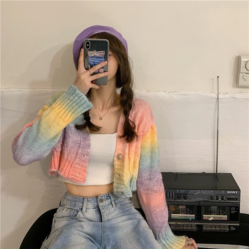 Khoác Len Cardigan | Áo Khoác Len Cardigan Loang Màu Dáng Croptop Cổ V Lạ Mắt, Áo Thu Đông Ulzzang Siêu Xinh | BigBuy360 - bigbuy360.vn