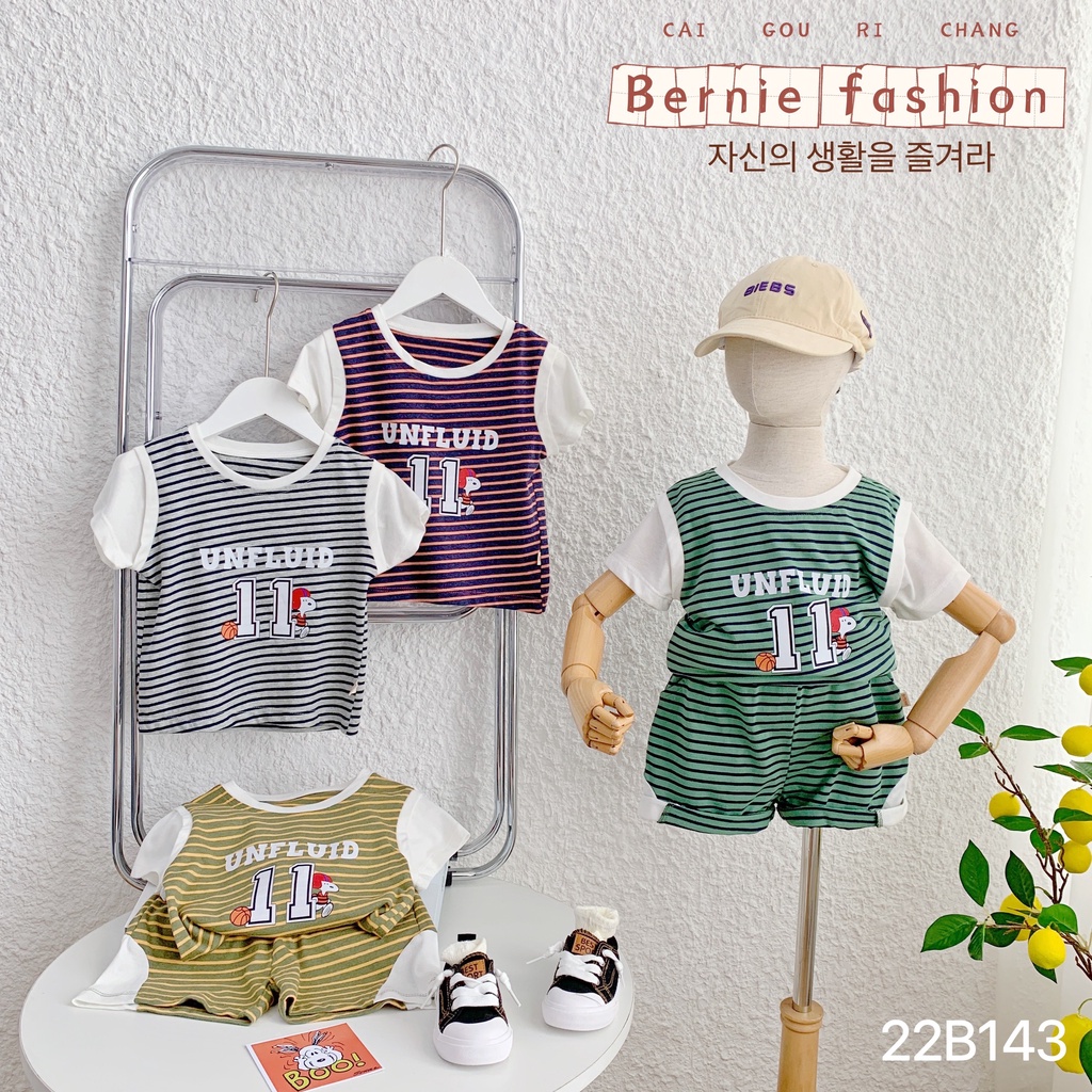 Bộ bé trai kẻ phối tay cá tính cho bé, bộ thun mềm hàng đẹp cho bé Bernie