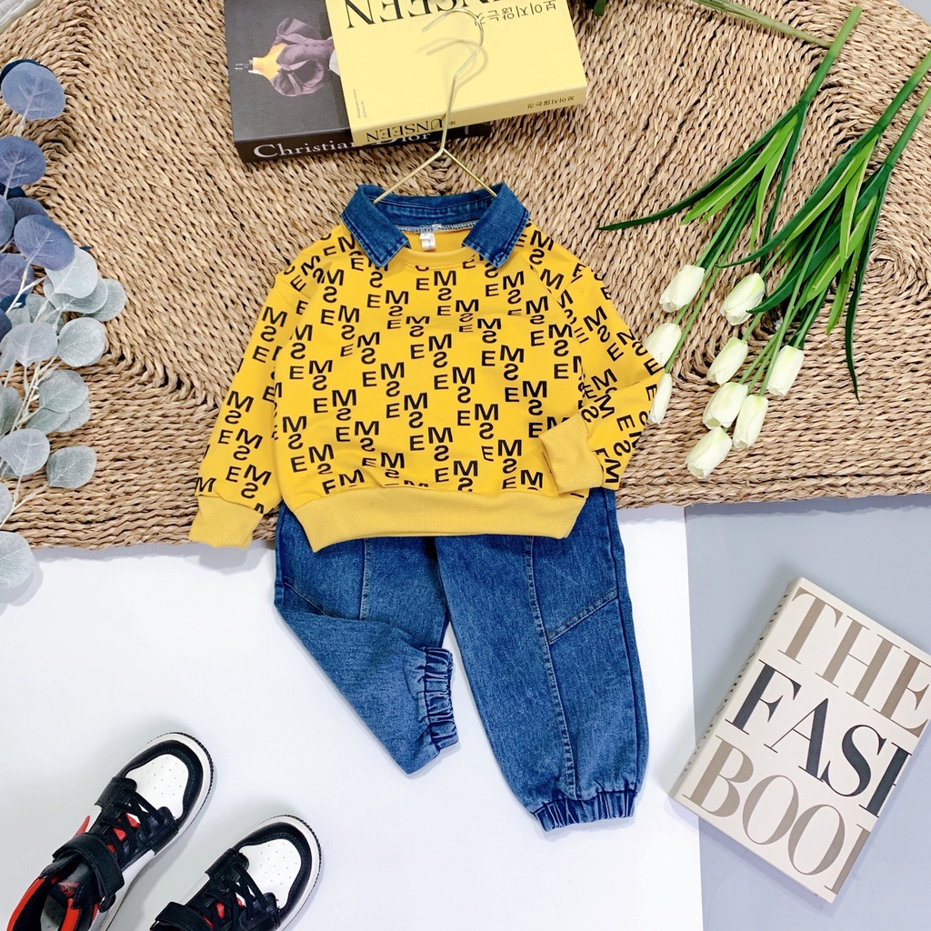Set Áo Thun Quần Jean Dài Tay Cho Bé Trai, Bé Gái 8-25 kg, Vải Chất Tốt, Ấm Áp, Màu Tươi, Form Đẹp.