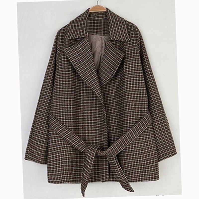 [Ảnh thật] Áo khoác dạ kẻ dáng rộng phong cách Hàn Quốc có kèm đai buộc