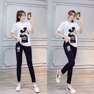 Đồ bộ nữ quần dài cotton áo thêu chuột mickey | Đồ ngủ Orla