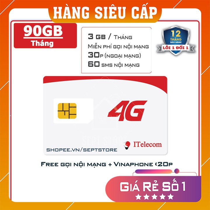 SIM 4G ITELECOM VINA 90GB - 3Gb/1 Ngày - Gọi Nội Mạng Miễn Phí - Sim CHUẨN 4G TỐC ĐỘ CAO