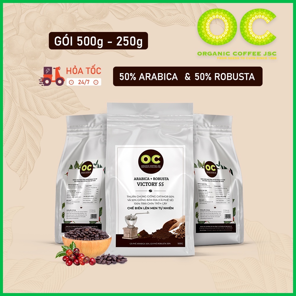 Cà phê rang mộc Robusta và Arabica hữu cơ VICTORIA 55,Cafe dùng pha phin và pha máy nguyên chất từ Organic Coffee JSC