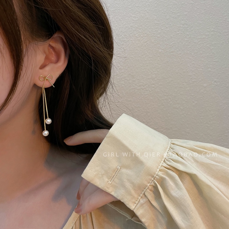 Bông Tai Dáng Dài Đính Ngọc Trai Và Nơ Tua Rua Cao Cấp Thời Trang Mùa Hè 2022 Dành Cho Nữ