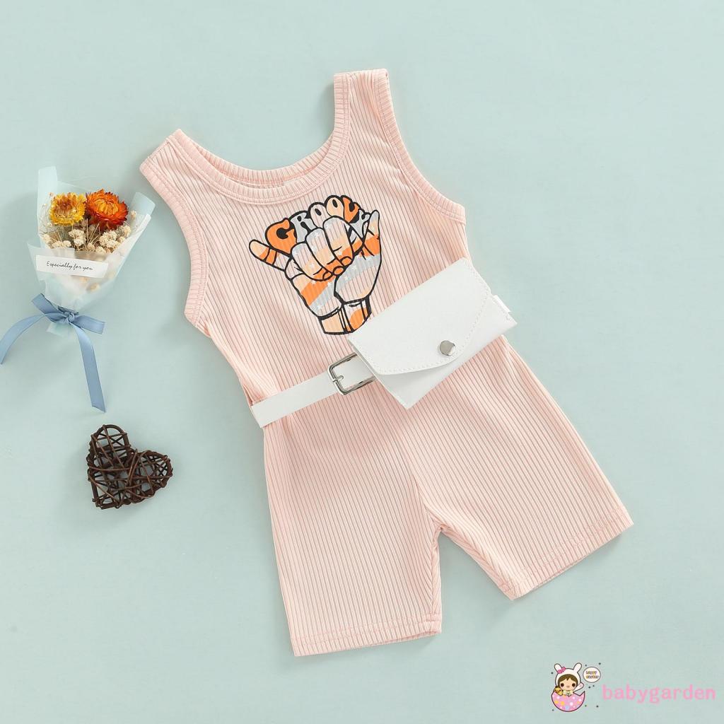 BABYGARDEN-6Months-5years Baby Girls Summer Outfits, Sleeveless Letter Print Ribbed Jumpsuit Shorts + Waist Bag Set