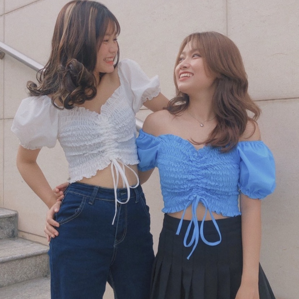 Áo croptop bo nhún rút dây