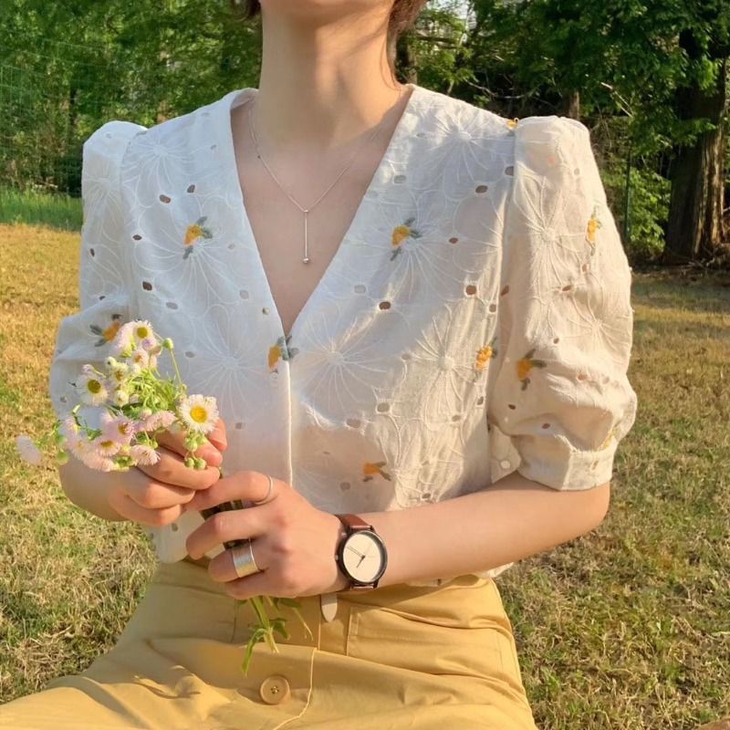 Áo Sơ Mi Nữ Ngắn Tay Cổ Chữ V Thêu Hoa Phong Cách Hàn Quốc Baju Baju Wanita Lengan Panjang Hàng Mới Có Sẵn