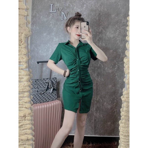 Đầm Sơ Mi Nữ Công Sở Đi Tiệc Váy Body Rúm Eo Tay Ngắn Chất Mát