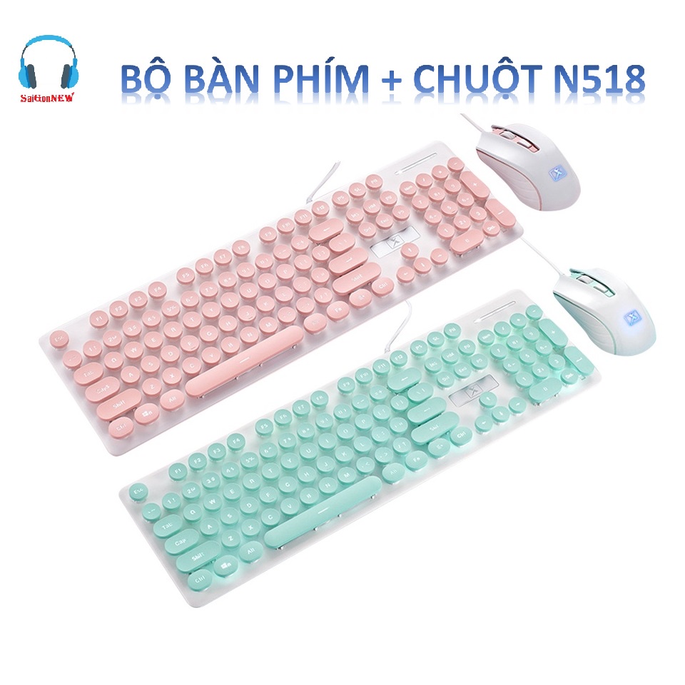 Bộ bàn phím và chuột N518 cao cấp có đèn LED sáng thiết kế phím tròn nổi bật - Có chuột - 2 màu Hồng và Xanh thời trang