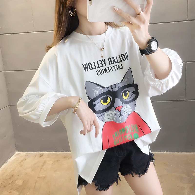 [ HOT ] ÁO THUN COTTON PHIÊN BẢN HÀN QUỐC IN HÌNH MÈO ĐÁNG YÊU - TRẮNG