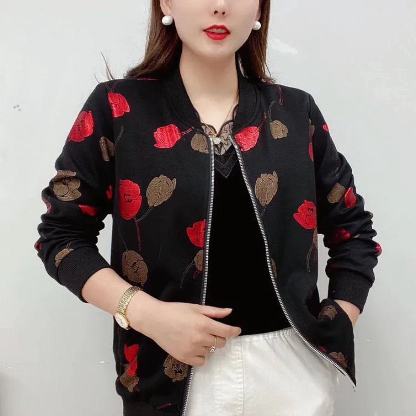 Áo khoác tay dài dáng rộng in họa tiết mới thời trang xuân thu cho phụ nữ trung niên 2021 full size