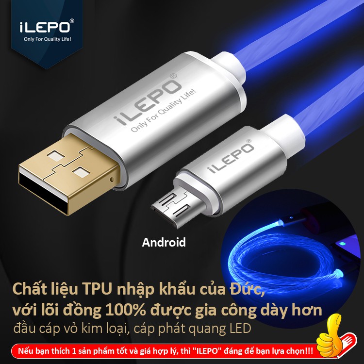 Cáp Sạc Nhanh Có Đèn LED 2.8A Đầu Micro Lightninng Type C Vỏ Kim Loại Đầu USB Mạ Vàng Bảo Hành 1 Năm IL13 Xanh dây sạc