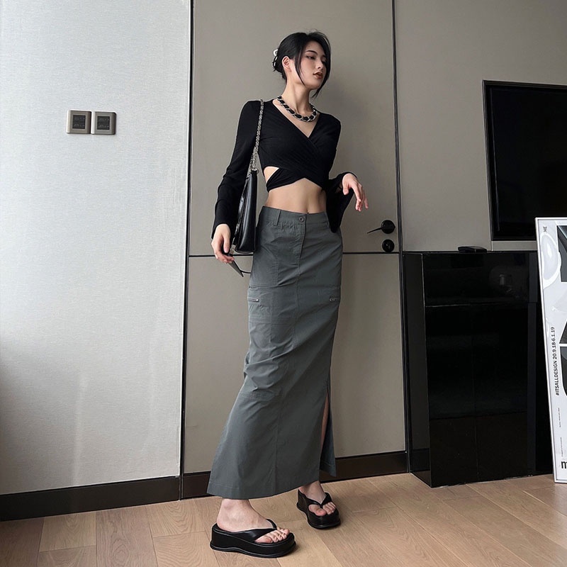 Chân Váy Dài Màu Sắc Trơn Xẻ Tà Phong Cách Đường Phố Thời Trang Cho Nữ