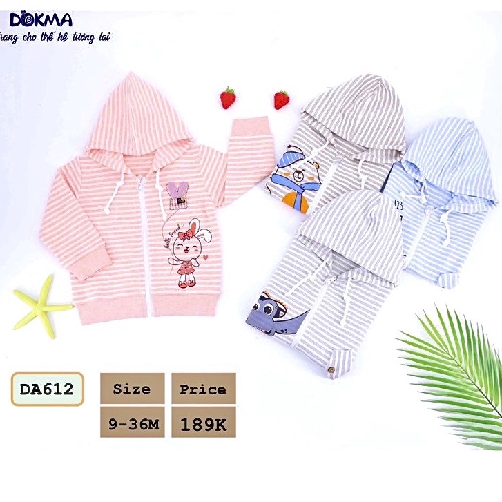 Dokma - Áo khoác nỉ nhung kẻ kéo khóa có mũ cho bé 6-36 tháng DA612