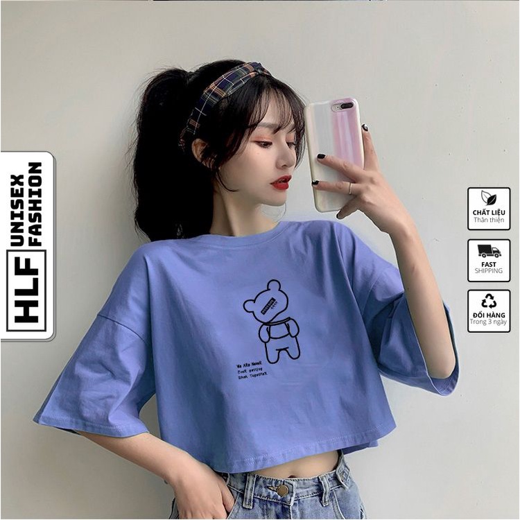 Áo croptop tay lỡ nữ gấu QQQ we are never, áo thun nữ HLFashion