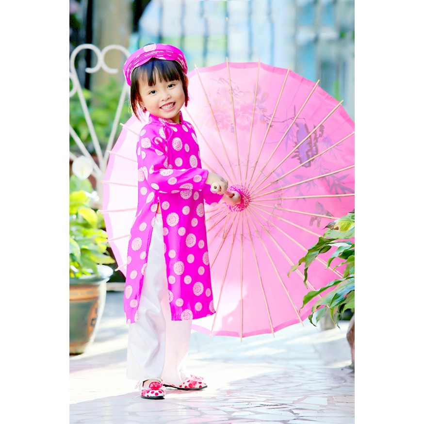 ÁO DÀI KHĂN XẾP TRẺ EM HOA ĐỒNG TIỀN MÀU HỒNG, ÁO DÀI TRẺ CON ADTEĐX-Hồng