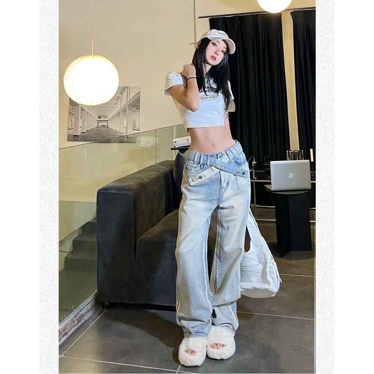 Quần Jeans Nữ Lưng Cao Ống Rộng Phong Cách Retro