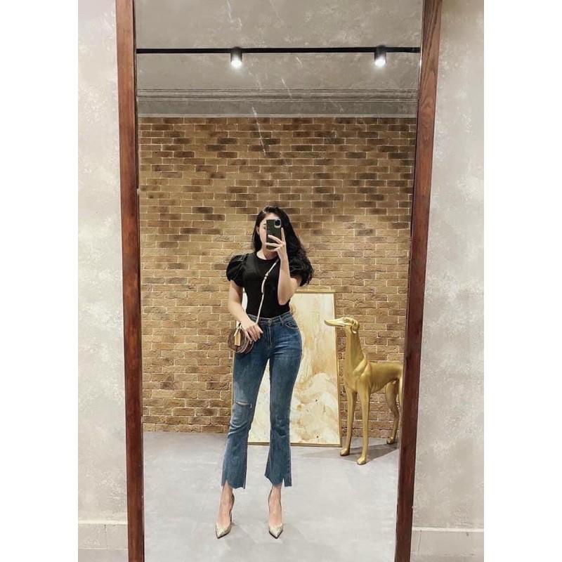 QUẦN BÒ JEANS ỐNG LOE XẺ GẤU RÁCH GỐI