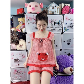 Đồ Bộ Nữ Mặc Nhà, Mẫu Đùi Caro Phối Túi Trước y hình chất liệu kate lụa mềm mát, size dưới 50kg đủ màu