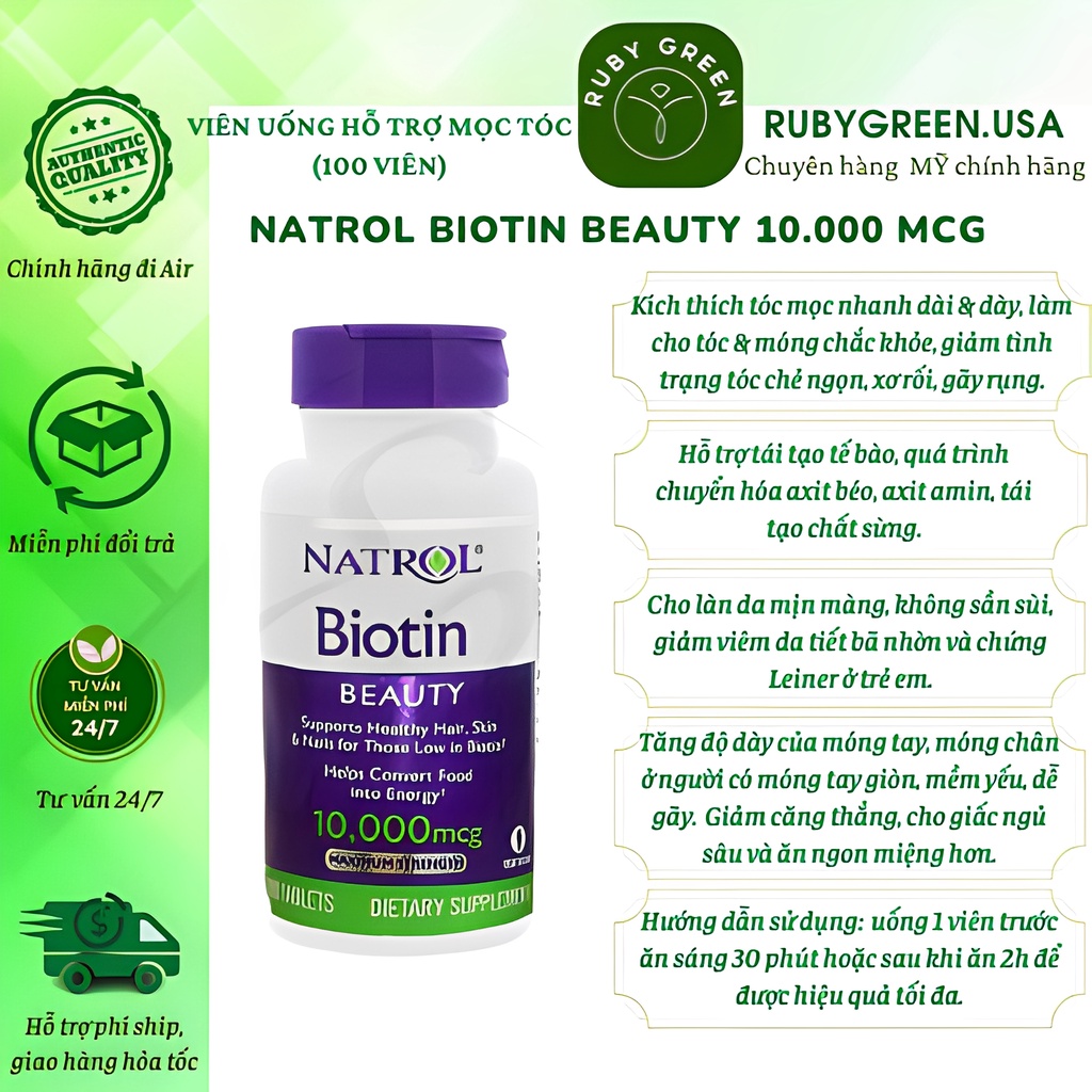 Viên uống Natrol Biotin 10000mcg, USA 100 viên hỗ trợ mọc tóc, giúp móng khỏe cho người trên 12 tuổi